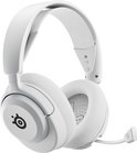 Witte gaming headset met microfoonarm, gedetailleerde oorkussens en het Steelseries logo op de oorschelp.