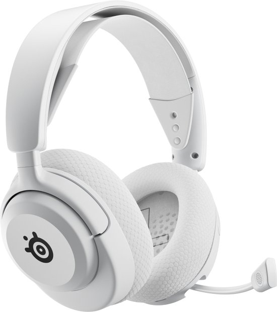 Witte gaming headset met microfoonarm, gedetailleerde oorkussens en het Steelseries logo op de oorschelp.