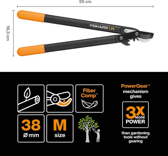 Fiskars L74 takkenschaar met afmetingen en specificaties van 55cm en 38mm.