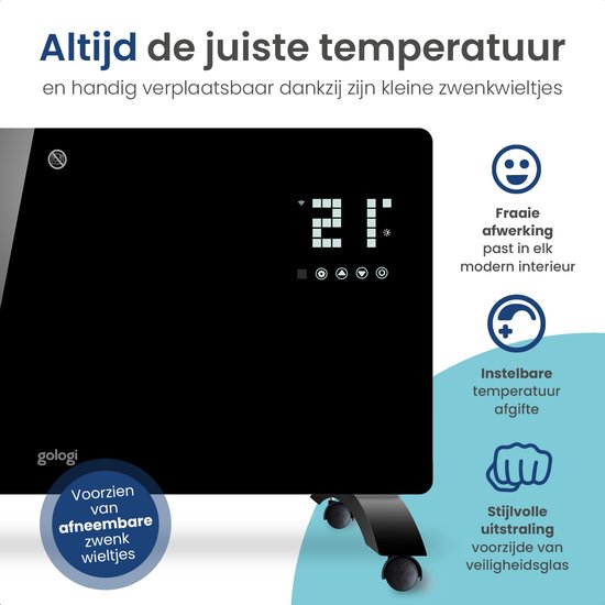Gologi Elektrische Kachel - Verwarming elektrisch - Convectorkachel met thermostaat - Werkt via App en touch bediening - Tot 25m2 - 2000 watt - Zwart