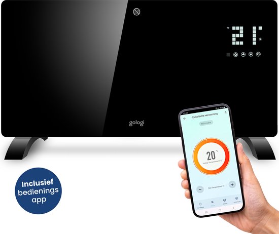Gologi Elektrische Kachel - Verwarming elektrisch - Convectorkachel met thermostaat - Werkt via App en touch bediening - Tot 25m2 - 2000W Heater - Zwart