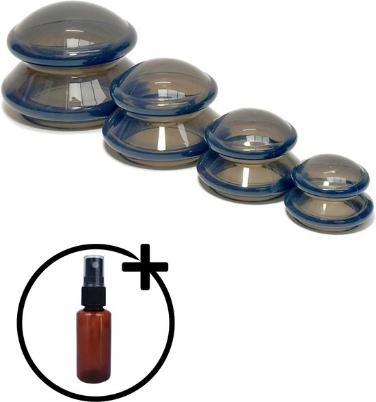 Set van vijf transparante cupping cups in oplopende grootte, met een flesje olie.