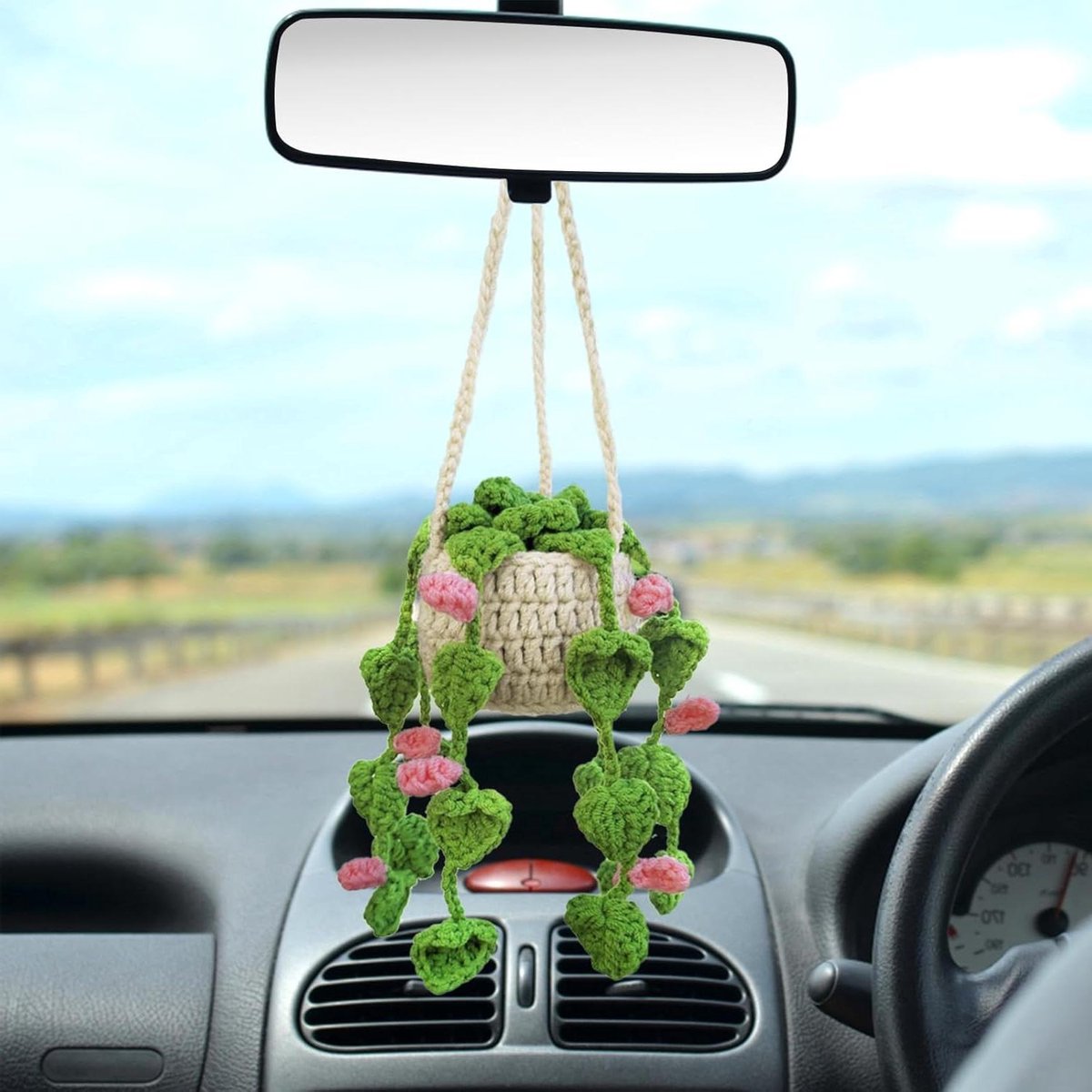 Plantenhanger Gehaakte hangplant voor auto schattige potplanten gehaakte decoratie autospiegel ophangaccessoires achteruitkijkornament opknoping boho handgemaakte gebreide hanger (roze)