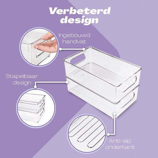 Transparante opbergbakken met handvatten, stapelbaar met anti-slip onderkant.