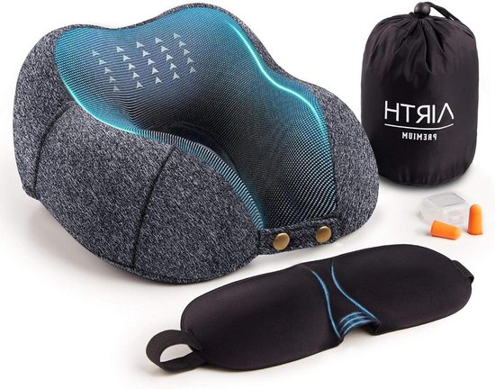 AIRTH® 360° traagschuim reis-nekkussen met slimme klittenbandsluiting, ergonomisch ondersteunend