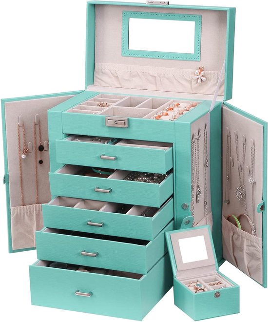 Frebeauty Grote sieraden doos, 6-laags PU lederen sieraden organizer met slot multifunctionele opbergdoos met 5-laden voor oorbellen ketting armband horloges (roze