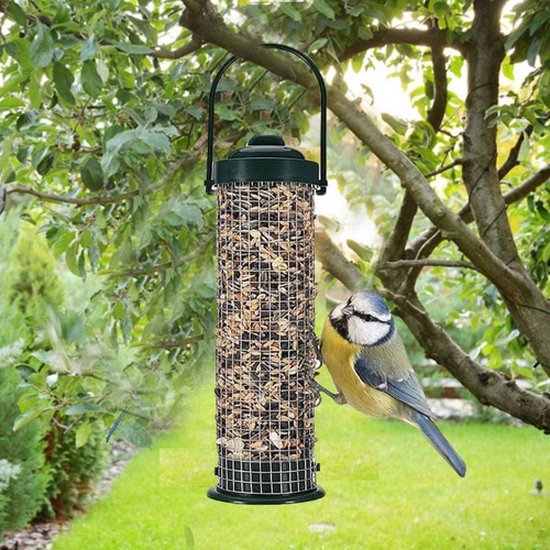 Groene vogelvoerhouder gevuld met zaden, met een koolmeesje dat eraan hangt.