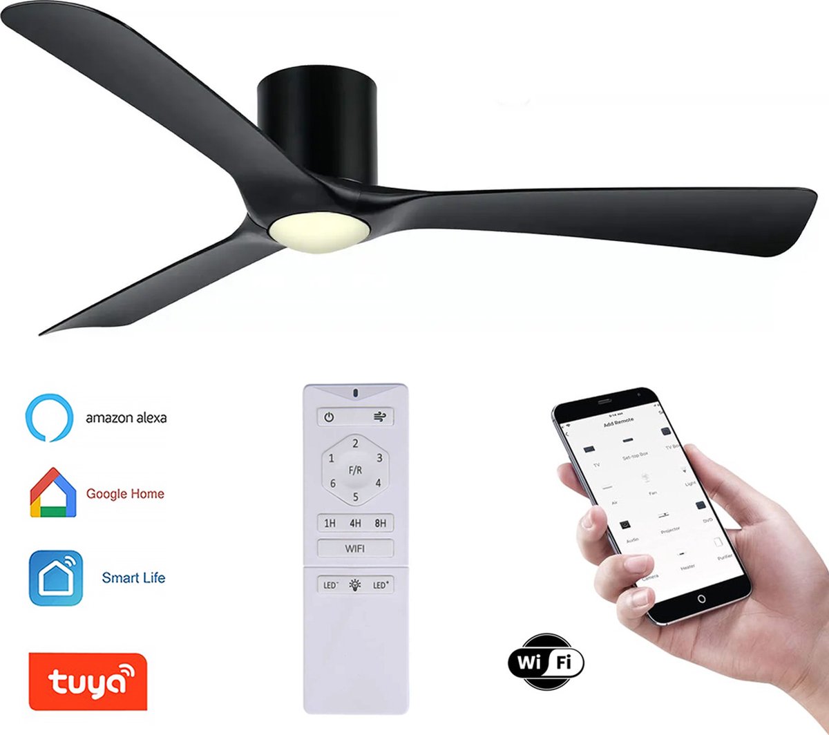 Freelight Plafondventilator Storm WIFI Ø 132 cm met LED geluidsloos zwart