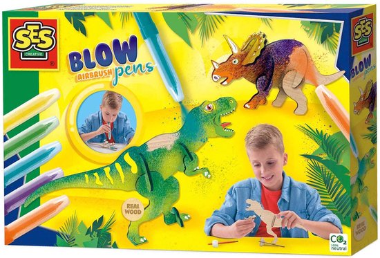 Foto: Ses blow airbrush pens dino s 5 stuks blaasstift goed uitwasbaar inclusief dino onderdelen lijm penseel en stickers knutselen jongens dinosaurus speelgoed