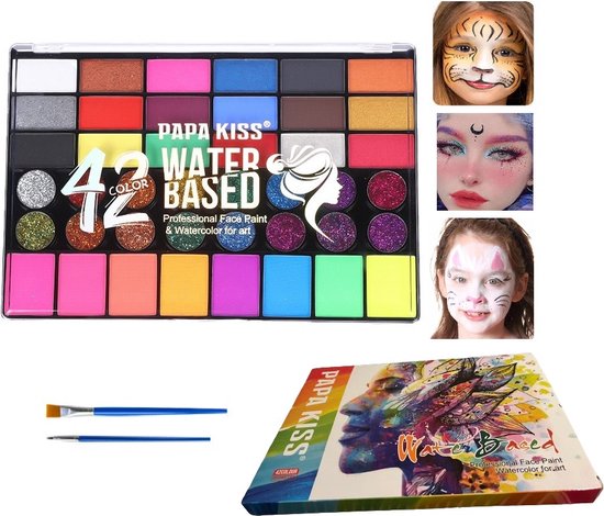 Schminkset Kinderen -42 kleuren & 2 penselen - veiligheidscertificering- Make up Kinderen - Grime Schmink palet - Kinderschmink Grimeren