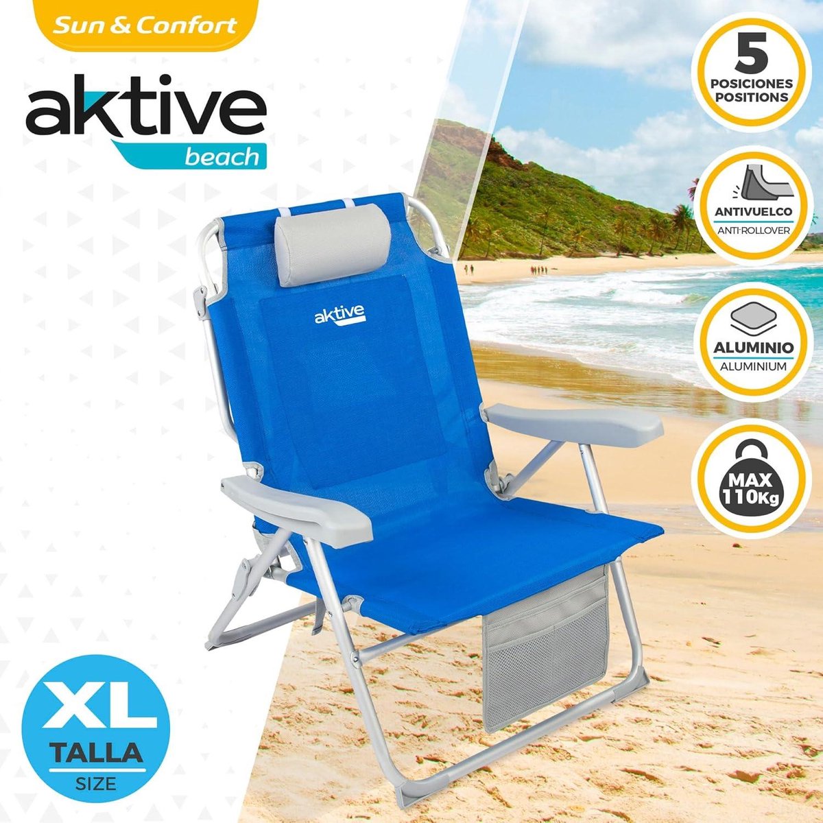 AKTIVE Chaise Pliante Multi-Position Aluminium Bleu Clair Pour Plage Et Extérieur