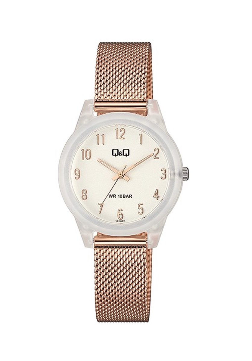 QQ VS13J011Y - Horloge - Polshorloge - Analoog - Vrouwen - Dames - Milanese-Mesh stalen band - Rond - Kunststof - Cifers - Rosékleurig - Transparent - Zilverkleurig