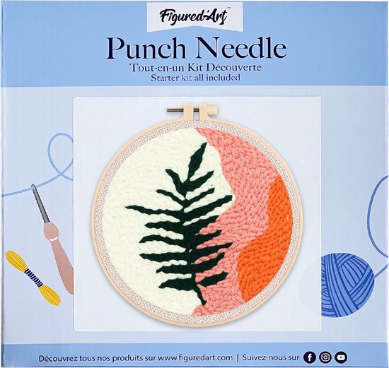 Figured'Art Punch Needle Kit voor Volwassenen en Kinderen - Blad Variatie 2 - Perfect voor Beginners. Compleet klaar-om-te-borduren set, maat 20x20 cm met ronde frame