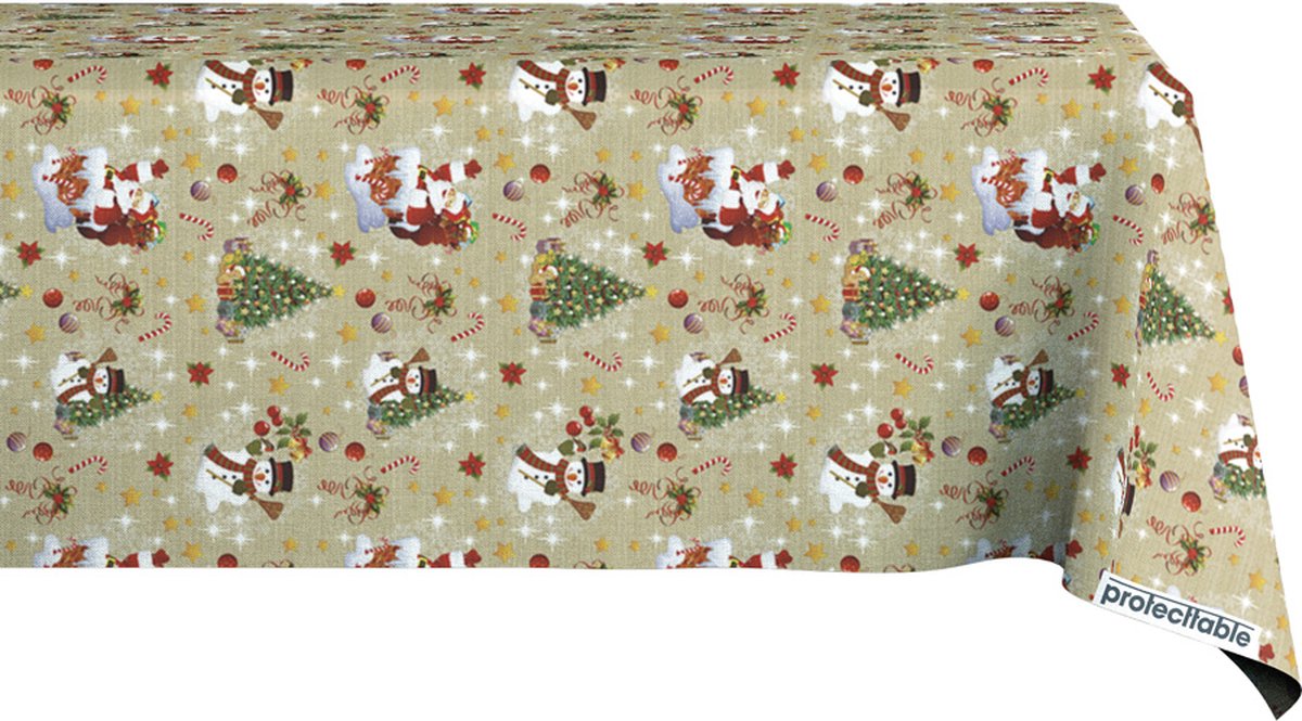 Protecttable - Kerst Tafelzeil Kerstman Goud 140x140cm - Tafelkleed Afwasbaar - Kunststof