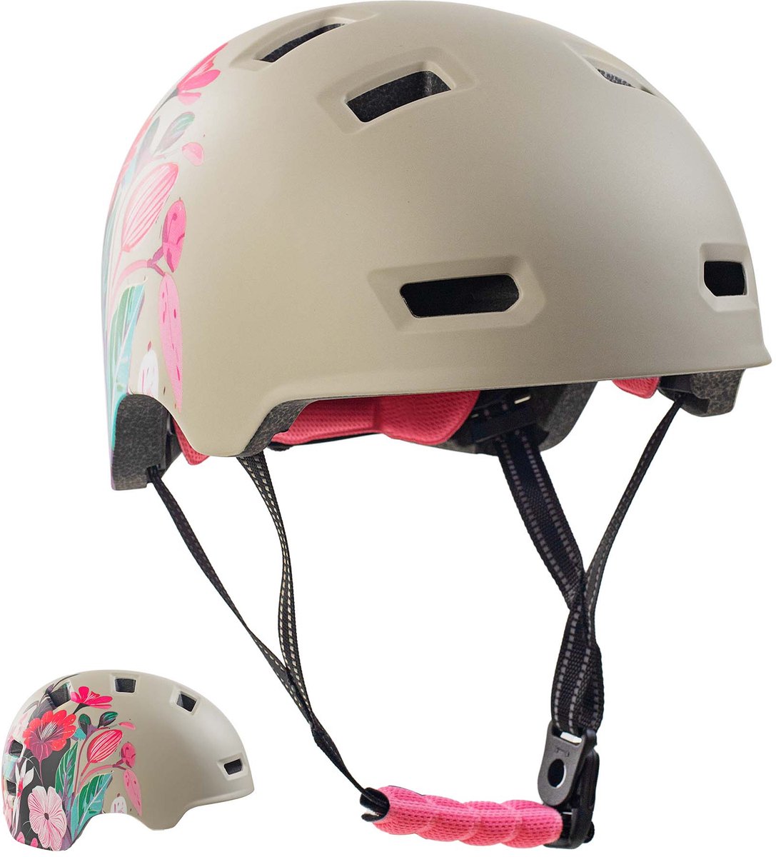 Skater- en fietshelm 57-61 cm EN1078 gecertificeerd Grijze Bloem