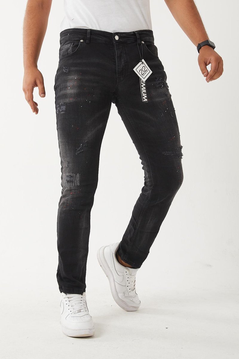 212 by XWAY JEANS 1010- RIPPET MET PAINT SPLATTER - HEREN SLIM FIT JEANS - SPIJKERBROEK - SLIM FIT - PREMIUM STREET FASHION - ZWART