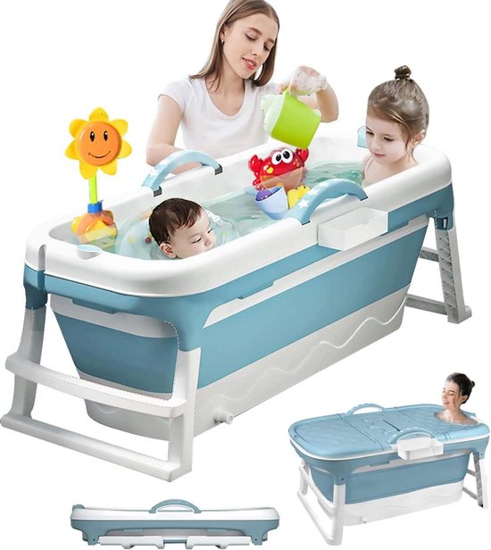 Opvouwbare badkuip voor kinderen, opvouwbare mobiele badkuip voor volwassenen, baby volwassenen, voor douche, zitbad, blauw, 98 x 50 x 56 cm, voor badkamer, douche en balkon