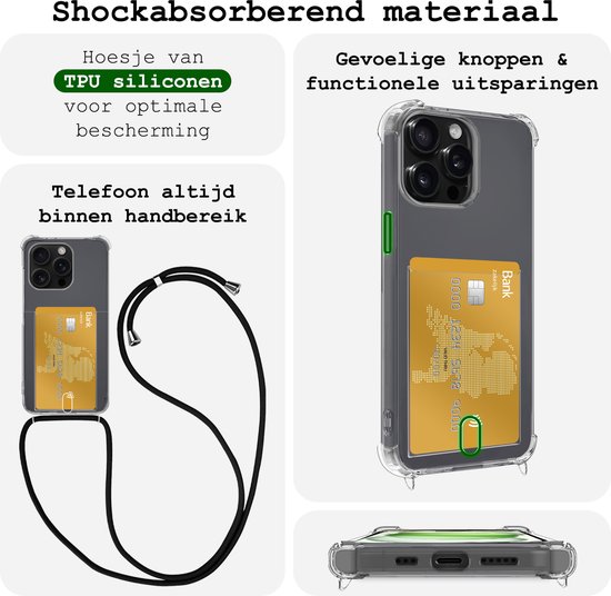 Coque adaptée pour iPhone 14 Pro avec porte-cartes, résistante aux chocs avec cordon – Coque adaptée pour iPhone 14 Pro avec cordon de téléphone et porte-cartes – Transparent – ​​2 pièces