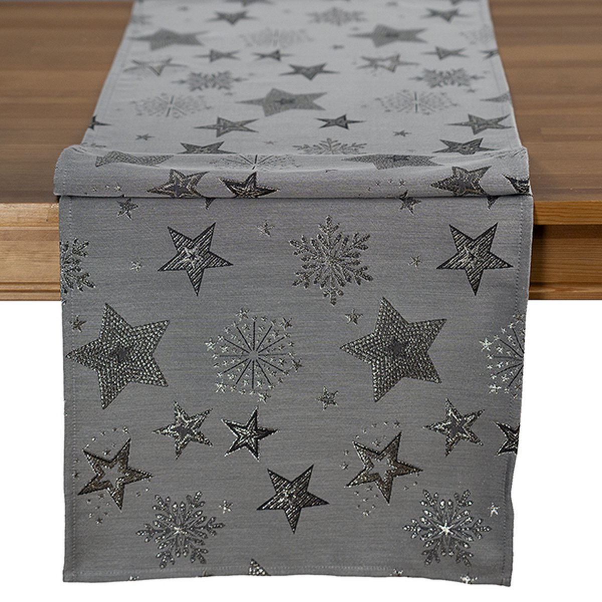 Tafelloper - Kerst - linnenlook - Grijs met zilveren sterren - 40 x 140 cm