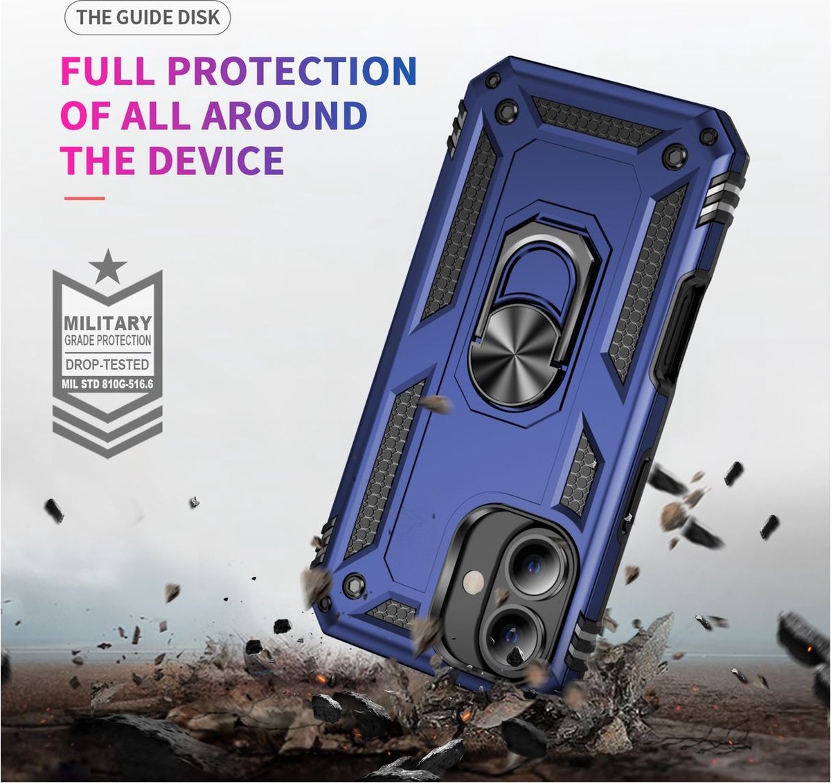 Mobigear Hoesje geschikt voor Apple iPhone 16 Plus Telefoonhoesje Hardcase | Mobigear Armor Ring Backcover Shockproof met Ringhouder | Schokbestendig iPhone 16 Plus Telefoonhoesje | Anti Shock Proof - Blauw
