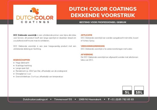 Oranje en grijze achtergrond met logo en tekst 'DCC Dekkende Voorstrijk'.