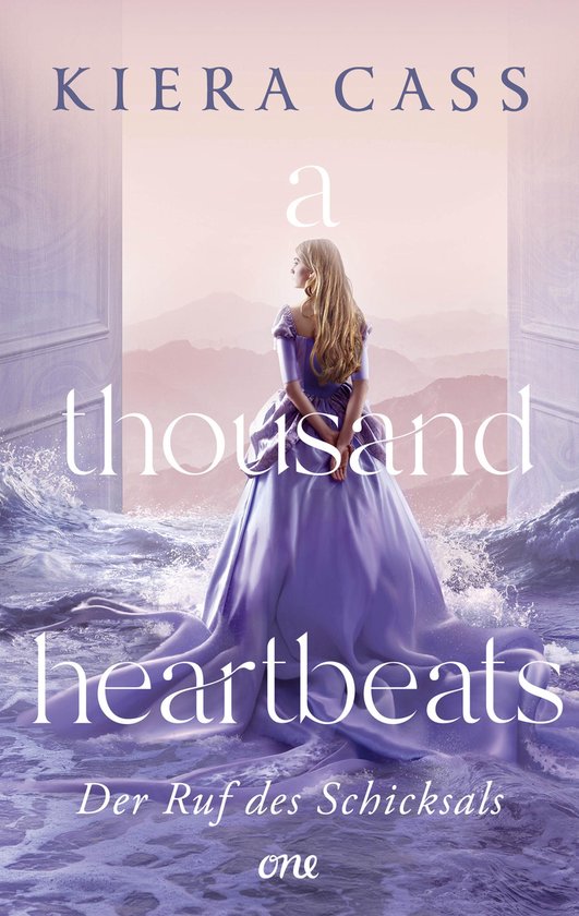 Vrouw met lang blond haar in een lila baljurk staat voor een poort in een woeste zee, met de titel A Thousand Heartbeats.