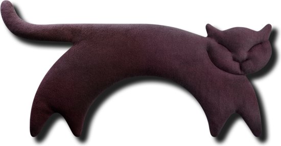 Donkerbruin, gebogen katvormig warmtekussen met een lange staart en gesloten ogen.