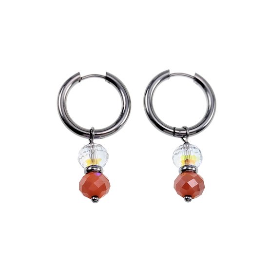 ∅19mm x 2,5mm Boucles d'oreilles Femme - Acier inoxydable argenté - Boucles d'oreilles avec pendentif perles de cristal à facettes Orange - Pendantes