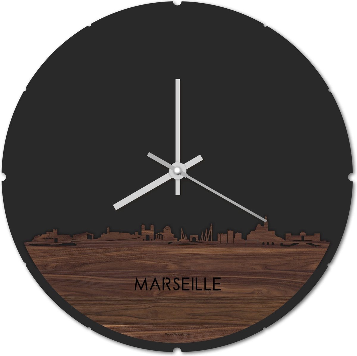 Skyline Klok Rond Marseille Notenhout - Ø 44 cm - Stil uurwerk - Wanddecoratie - Meer steden beschikbaar - Woonkamer idee - Woondecoratie - City Art - Steden kunst - Cadeau voor hem - Cadeau voor haar - Jubileum - Trouwerij - Housewarming -