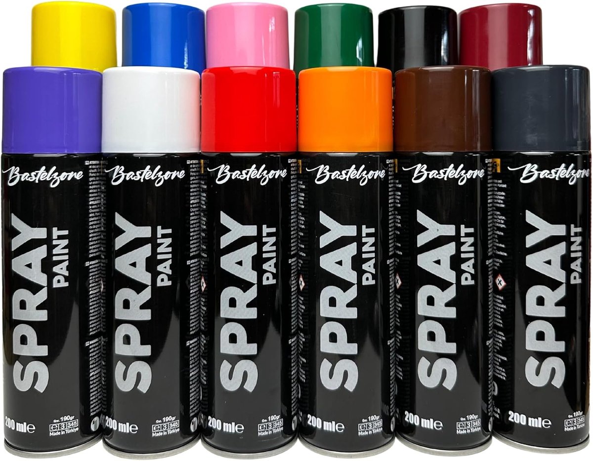 Spuitverfset: 12 kleuren elk 200 ml. Sneldrogende graffiti-spuitbussen voor hout, steen, metaal, glas. Zwart, wit, blauw, groen, rood, geel, paars, oranje, roze, bruin, wijnrood, antraciet grijs