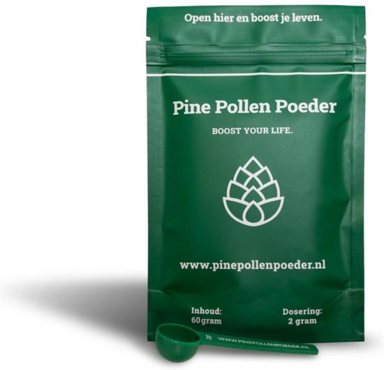 Groene zak met 'Pine Pollen Poeder' erop, met een witte dennenappel icoon, website en dosering 2 gram.