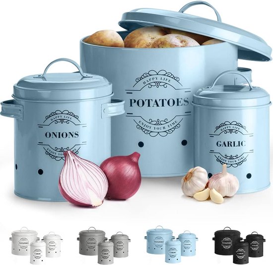 KOOK TIME Set van 3 aardappelen, uien en knoflook, keukenopslag, met ventilatiegaten, houdt groenten langer vers, keukenblikjes (Mat Zwart