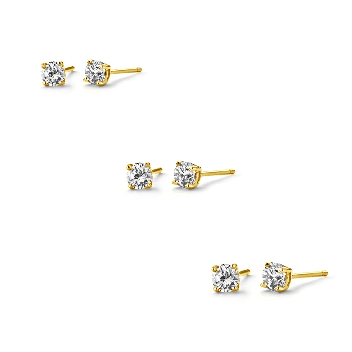 New Bling 9SIL-SET0045 Zilveren Oorknopjes Setje - Oorknoppen - Earparty - Zirkonia - 3+4+5mm - Zilver - Verguld(Goud op Zilver)