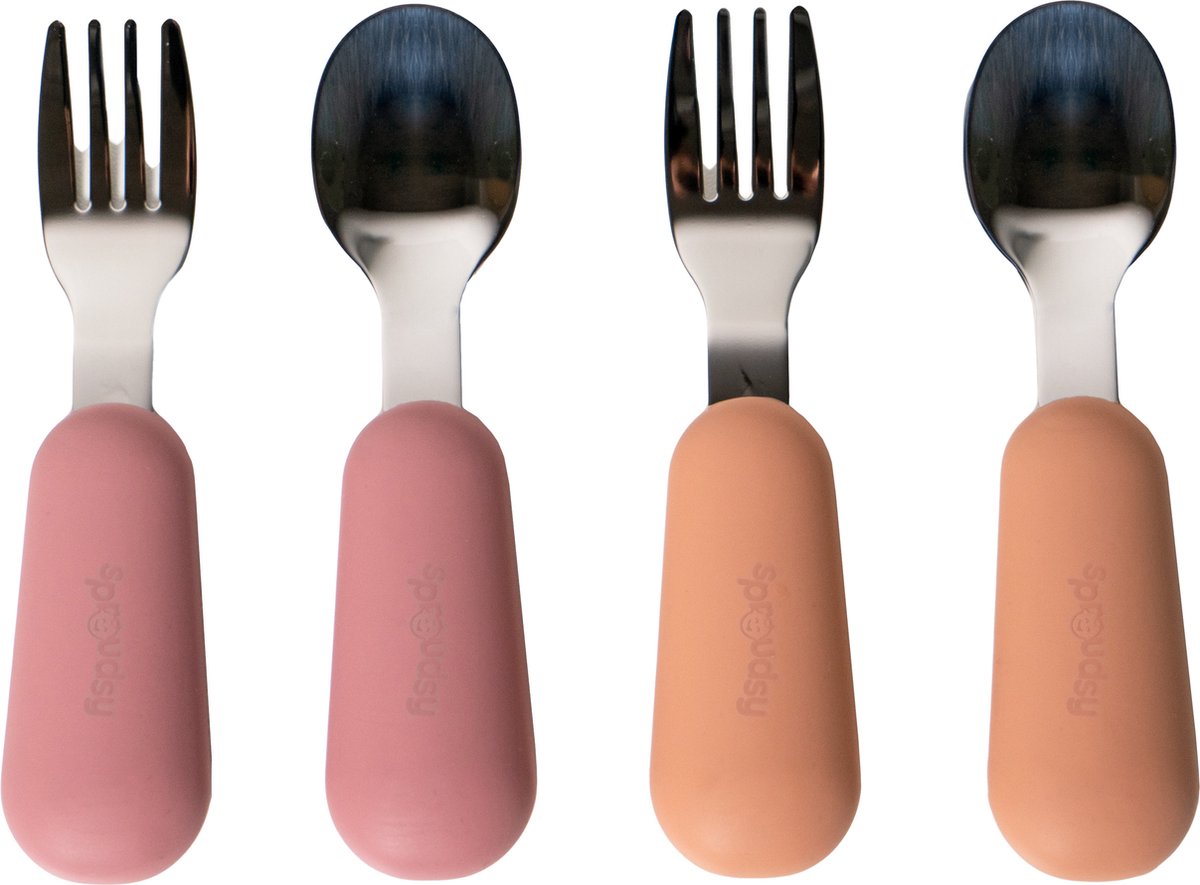 Goedkoopste Sproudsy Kinderbestek - Baby - 2 Baby Lepeltjes en Vorkjes - Baby Bestek - BPA-Vrij - RVS - Roze Oranje