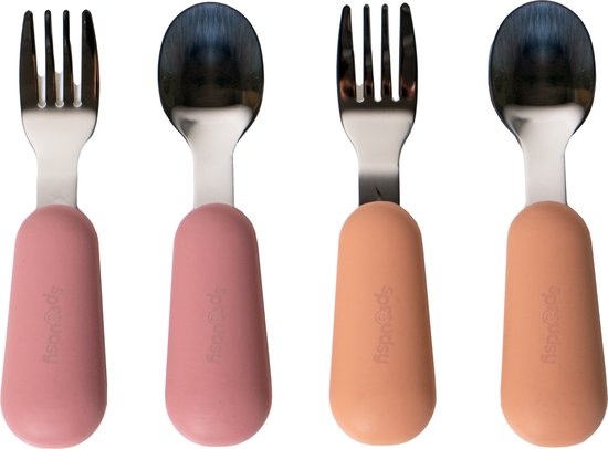 Sproudsy Kinderbestek - Baby - 2 Baby Lepeltjes en Vorkjes - Baby Bestek - BPA-Vrij - RVS - Roze Oranje