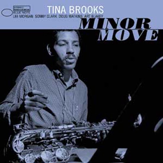 Tina Brooks "Minor Move" albumhoes met blauwdruk van Tina Brooks die saxofoon speelt. Blauwe en zwarte kleuren.