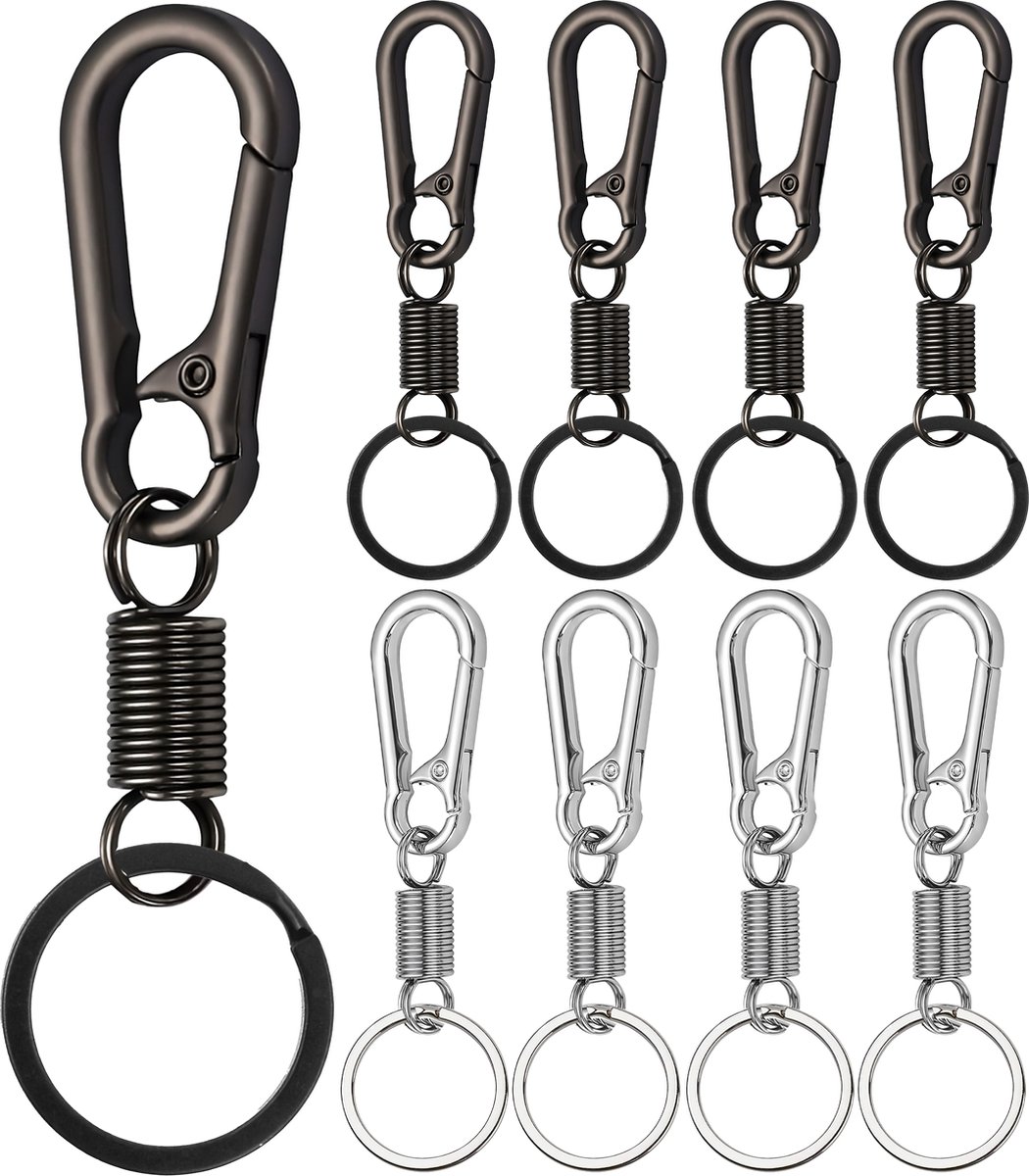 8 Stuks Zilver en Zwart RVS Karabijnhaak Sleutelhangers - Musketonhaak met Sleutelringen voor Volwassenen - Mini Musketon en ringetjes - Auto Klein Carabiner Sleutel Hanger, Houder - Karabijn haak ringen - Keychain Karabijnsluiting