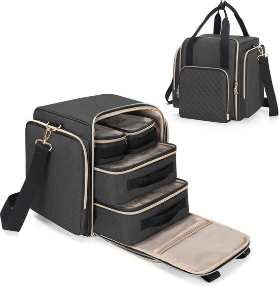 BAFASO Grote Make-up Tas Make-up Koffer met Verstelbare Scheiders, Reis Make-up Koffer, Zwart, Klassiek BAFASO Grote Make-up Tas Make-up Koffer met Verstelbare Scheiders, Reis Make-up Koffer, Zwart, Klassiek
