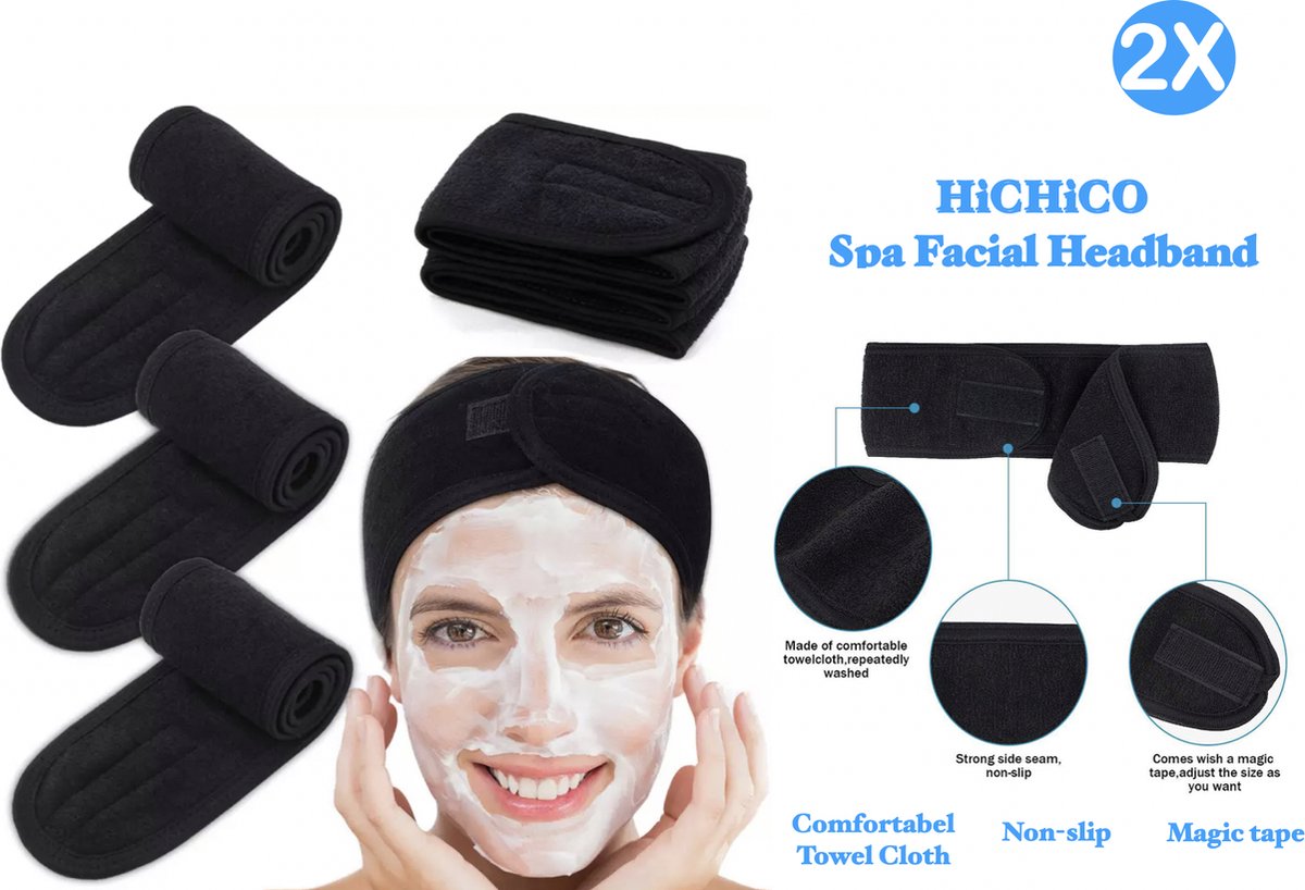 Verstelbaar Badstof Hoofdband - Headband - hairband - Hairband - Make Up Stretch Handdoek Met Tap - Make-Up Accessoires - 2 STUKS - Zwart