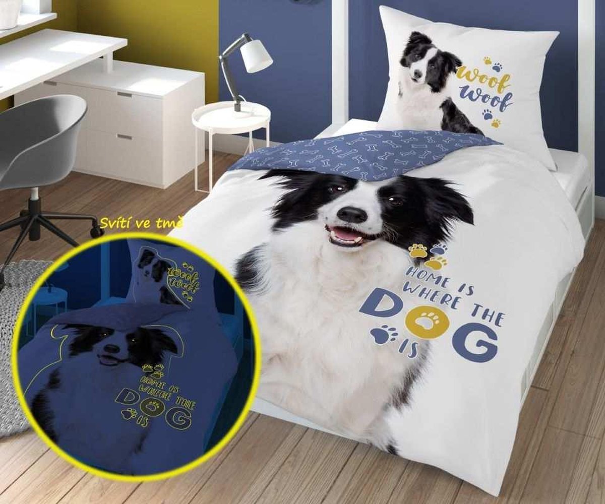 Bordercollie hond Dekbedovertrek 140x200cm Katoen Grote Kussensloop 70x90cm GLOW in the Dark