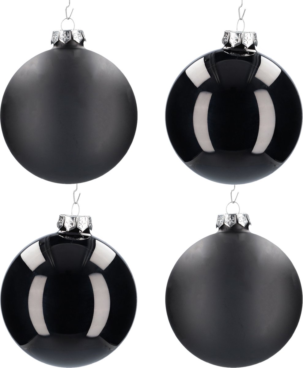 Glazen kerstballen - Set van 4 stuks/100mm - Luxe kerst decoratie - Sfeervolle kerstversiering voor in de kerstboom - Glas - Black Combi - Zwart