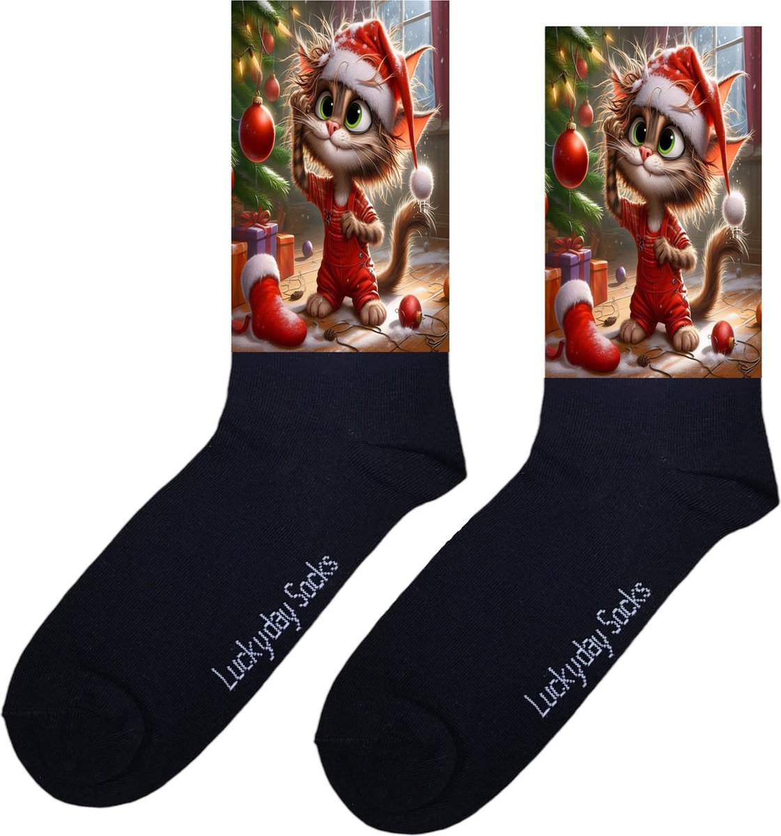 Kerstsokken - Kerstcadeau liefde - Kerst kat kerstboom sokken - December Kado - Love -Grappige sokken - Leuke sokken - Vrolijke sokken - Kerst Cadeau sokken - LuckyDay Socks - Sokken waar je vrolijk van wordt - Maat 37-44