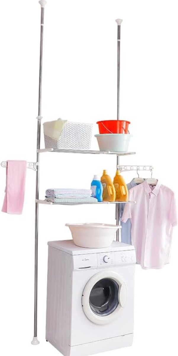 Goedkoopste Opbergrek Boven Toilet - Badkamer Organizer met Dubbele Spanningstangen - Verstelbare Hoogte en Breedte - Ruimtebesparende Wasrek - Zwart (Ivoor) - Geschikt voor Kleding en Badkameraccessoires