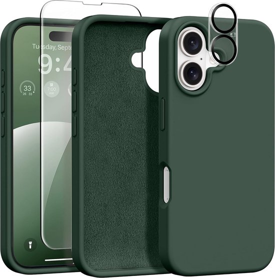 FFO2World Coque en Siliconen pour iPhone 16, vert, avec 1 protecteur d'écran + 1 protecteur d'objectif d'appareil photo, [doublure en microfibre douce résistante aux rayures], coque de protection en Siliconen liquide antichoc 6,1"