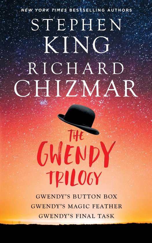 Boek met de titel 'The Gwendy Trilogy' door Stephen King en Richard Chizmar, met een zwarte hoed op een rode en oranje achtergrond.