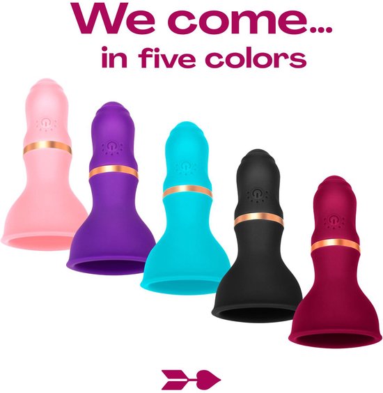 Vijf vibrators naast elkaar in het roze, paars, turquoise, zwart en donkerrood.