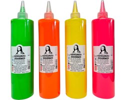 Südor Neon Textielverf set 4 x 500 ml. Wasbestendige textielverf voor lichte stoffen. Wasmachinebestendig, wasbestendig. Fixatie door strijken (Kleuren: neongeel, neongroen, neonroze, neonoranje)