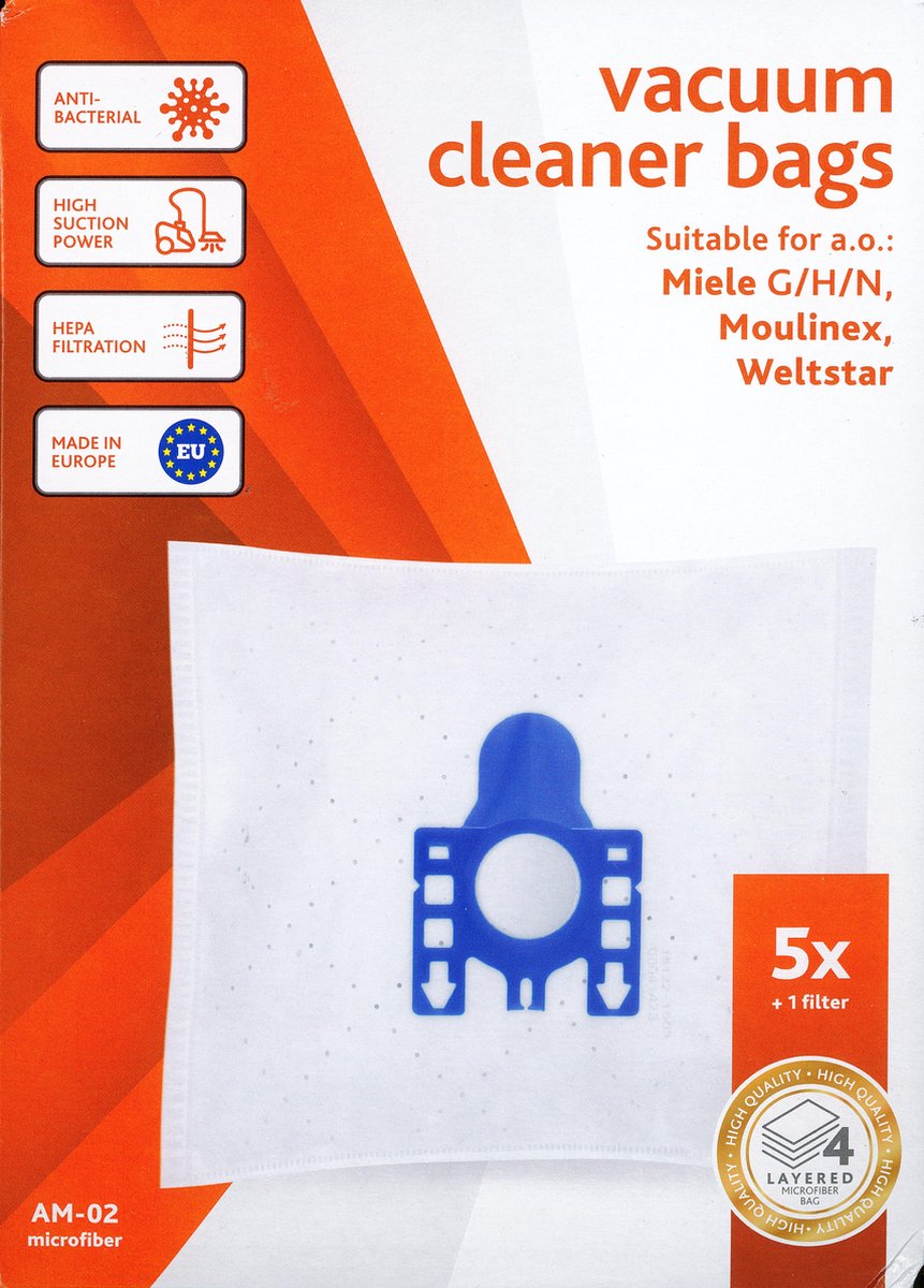 Vacustock stofzuigerzakken voor o.a. Miele G/H/N, Moulinex, Weltstar - doos 5 zakken en 1 filter