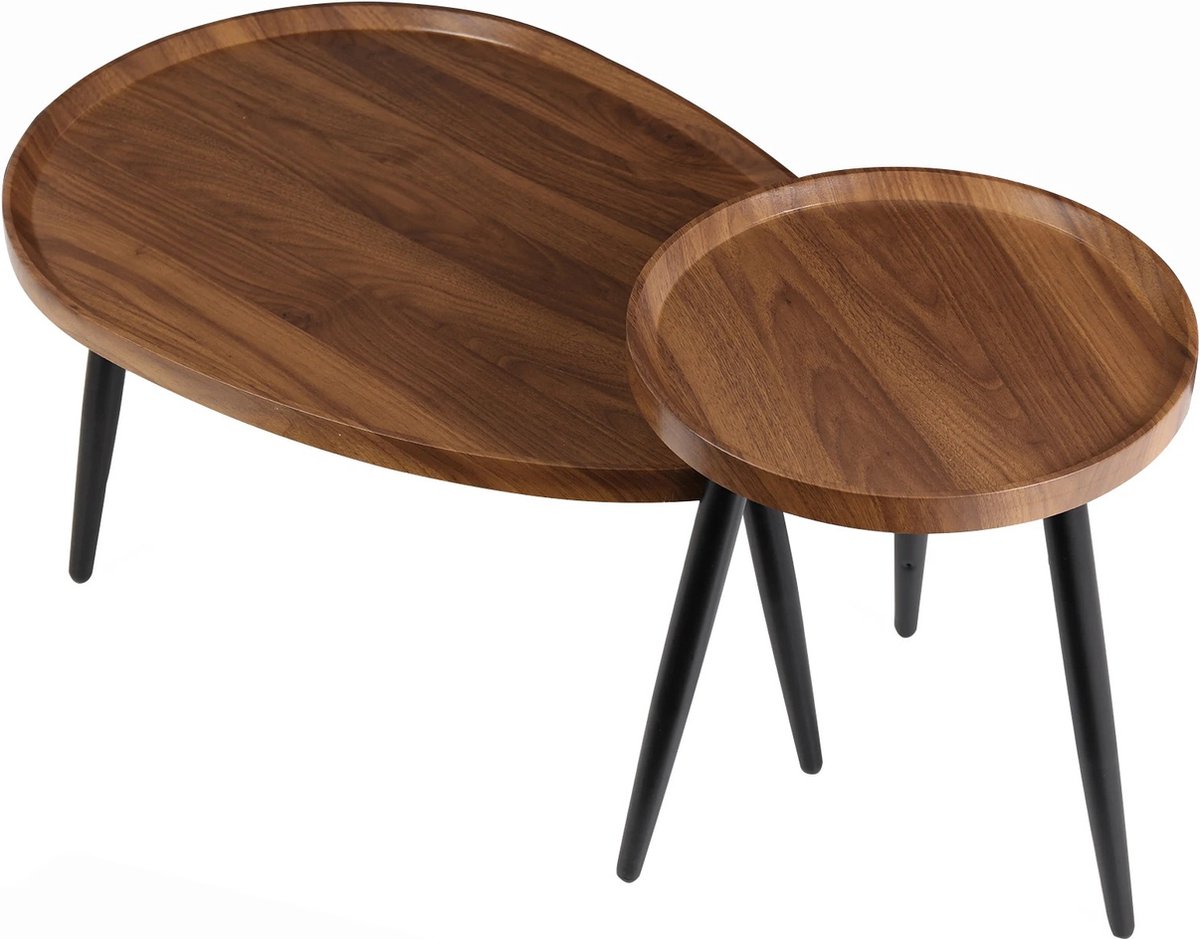 MensStore Salontafel Rond - Salontafel Druppel - hout - Druppelvorm - Rond - Zwarte Poten - Walnoot - Set Van 2