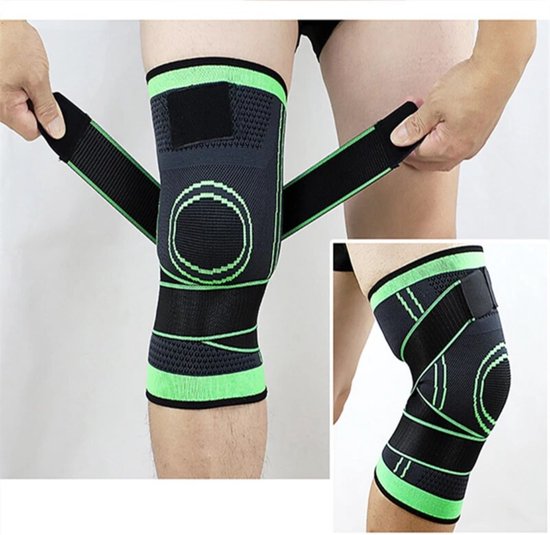 Zwarte kniebrace met groene accenten, verstelbare banden en een rond patroon bij de knieschijf.